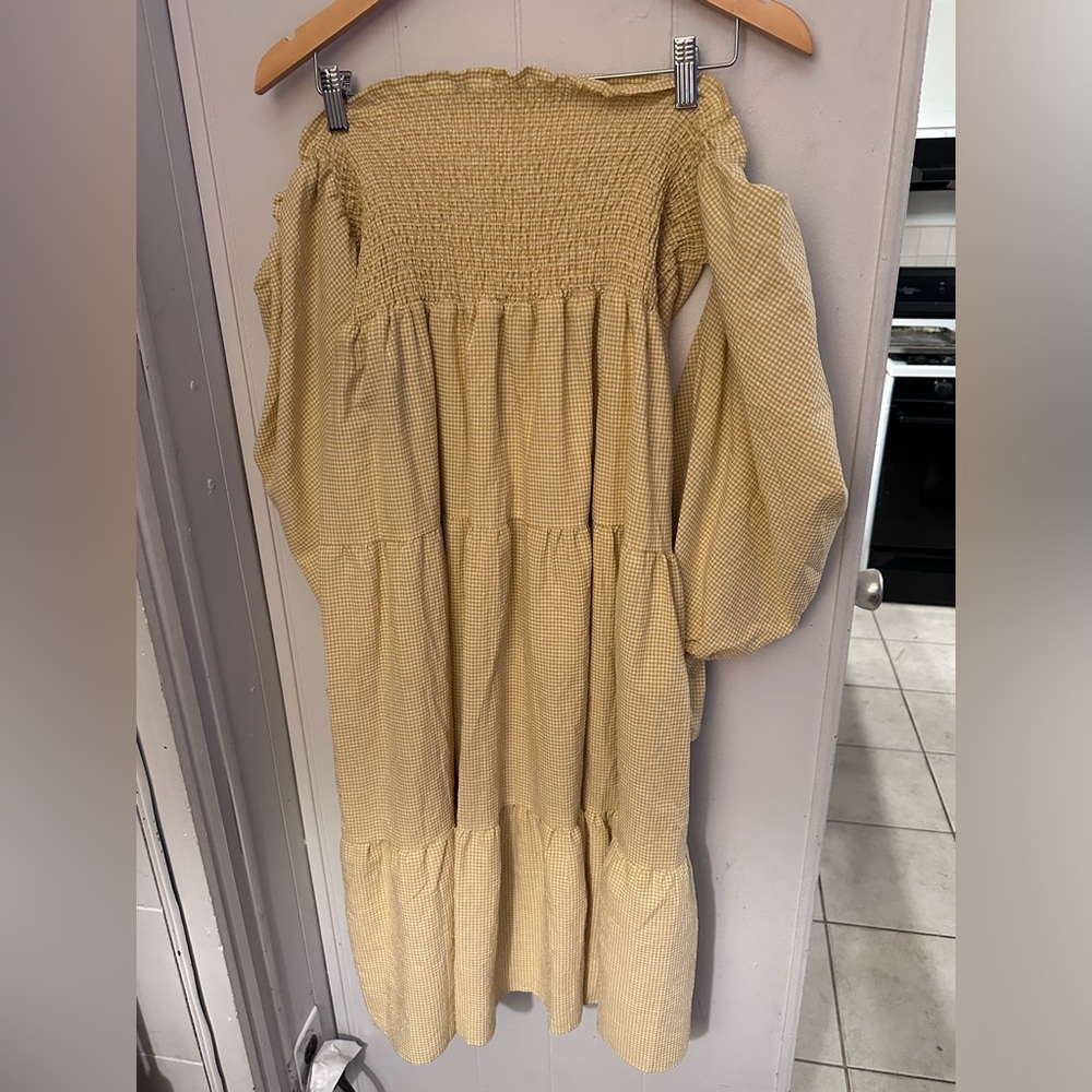 Spring Festival Off shoulder dress Yellow/White Gingham -size Large size L